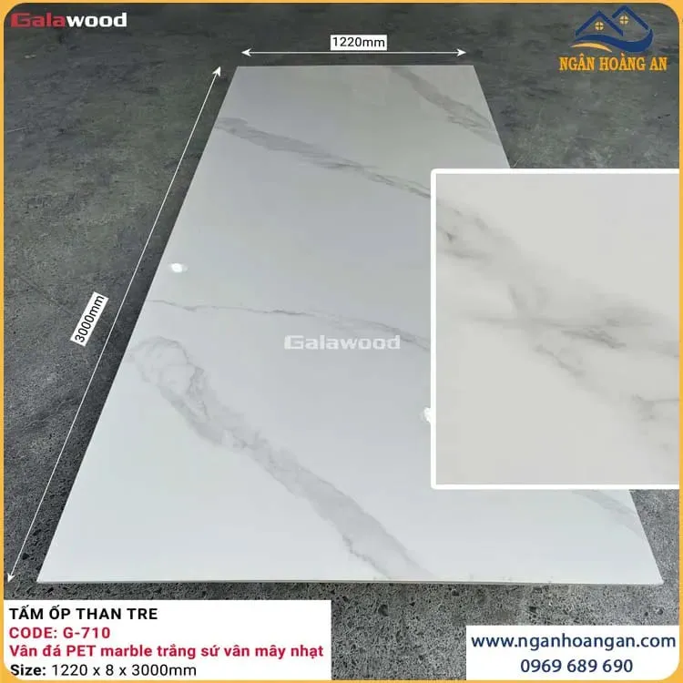 Ốp Tường Than Tre Galawood 8mm G-710 Vân Đá PET Marble Trắng Sứ Vân Mây Nhạt